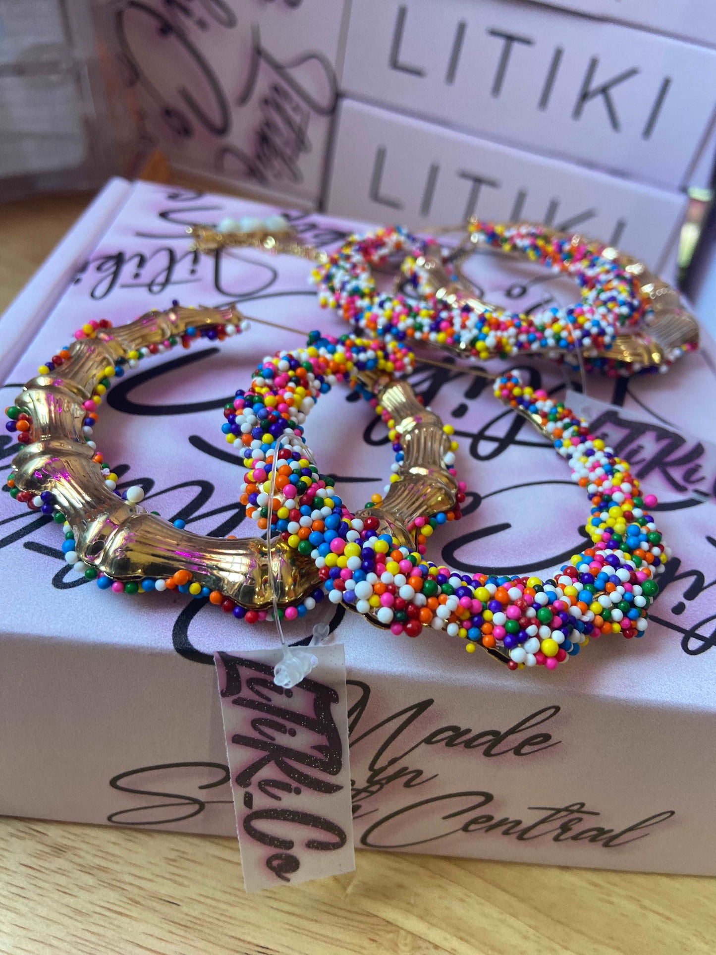 Cake sprinkle earrings, cake earrings, bamboo earrings, litiki earrings, gold bamboo earrings, custom earrings, cake sprinkle decor, big earrings, gold bamboo earrings, big bamboo earrings, chunky earrings, kawaii earrings, kawaii fashion, hello kitty earrings, kawaii accessories, small bamboo earrings, heart sprinkle earrings, gold bamboo earrings